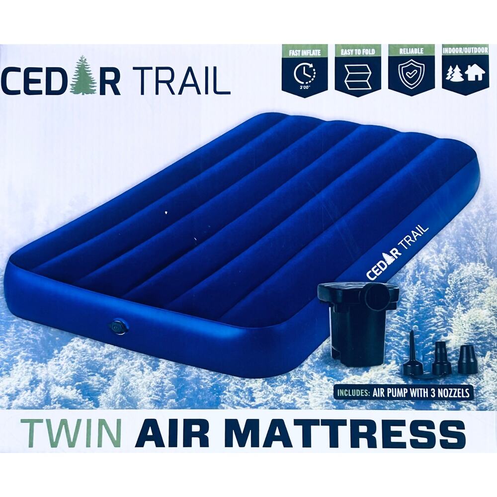 NEW! Cedar Trail Twin Air Mattress w/ Electric Air Pump & 3 Nozzles Blue